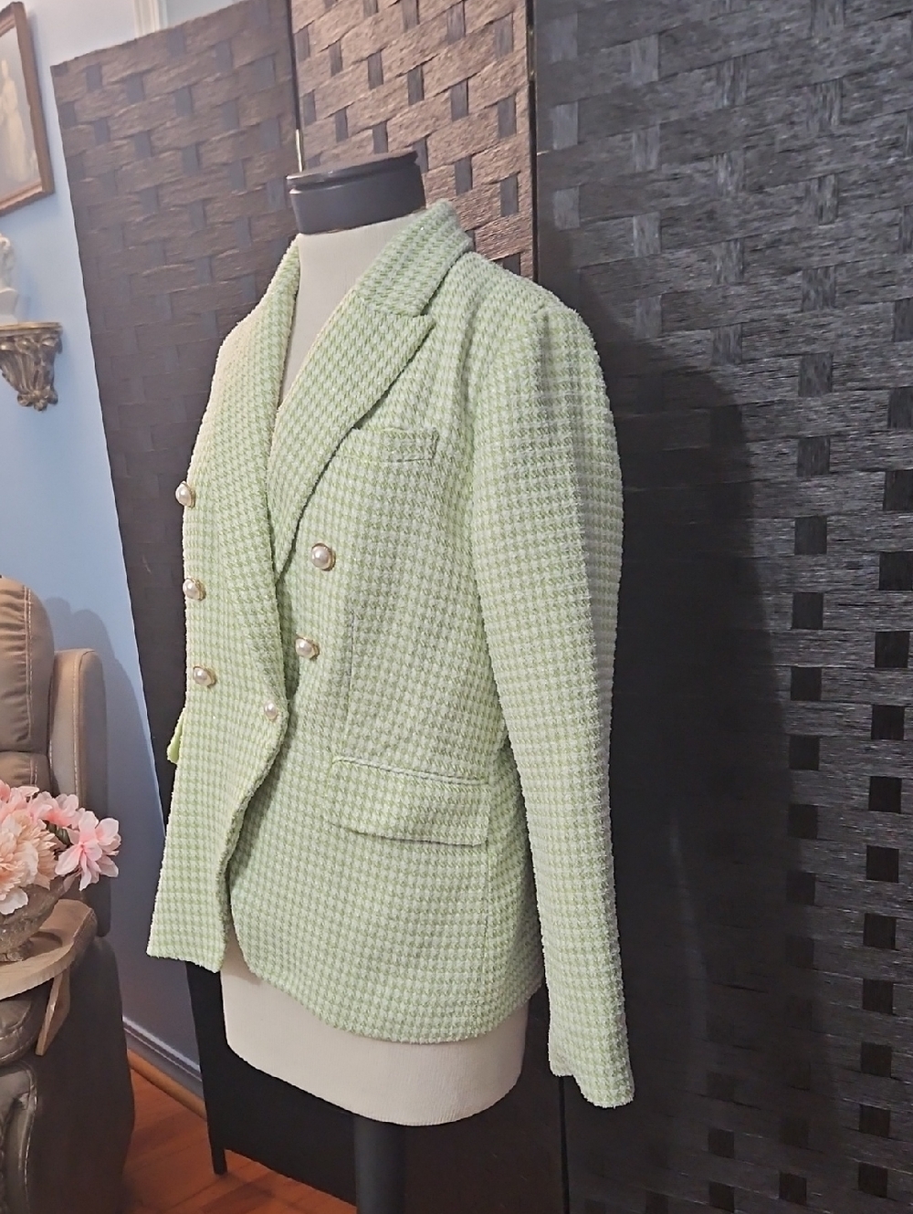 House Of Harlow Double-Breasted Women's Houndstooth Blazer Jacket Light Green M - Picture 4 of 13